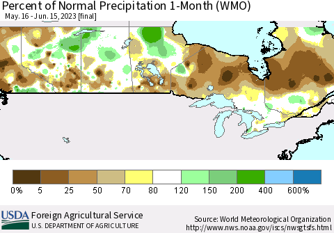 Canada Percent of Normal Precipitation 1-Month (WMO) Thematic Map For 5/16/2023 - 6/15/2023