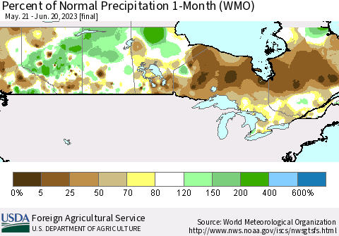 Canada Percent of Normal Precipitation 1-Month (WMO) Thematic Map For 5/21/2023 - 6/20/2023