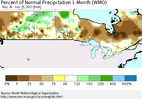 Canada Percent of Normal Precipitation 1-Month (WMO) Thematic Map For 5/26/2023 - 6/25/2023