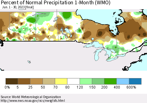 Canada Percent of Normal Precipitation 1-Month (WMO) Thematic Map For 6/1/2023 - 6/30/2023