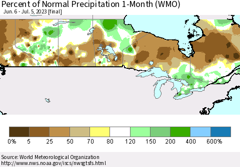 Canada Percent of Normal Precipitation 1-Month (WMO) Thematic Map For 6/6/2023 - 7/5/2023