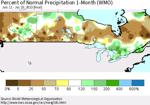Canada Percent of Normal Precipitation 1-Month (WMO) Thematic Map For 6/11/2023 - 7/10/2023