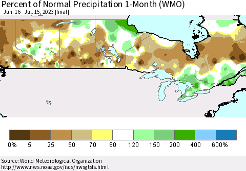 Canada Percent of Normal Precipitation 1-Month (WMO) Thematic Map For 6/16/2023 - 7/15/2023