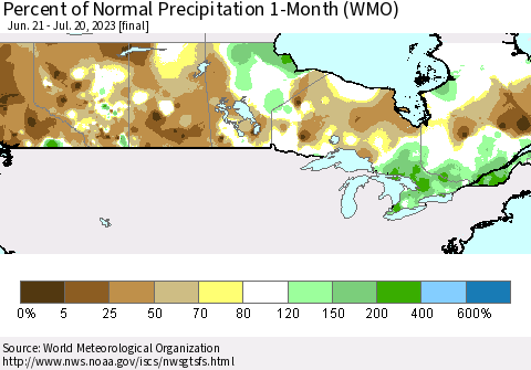 Canada Percent of Normal Precipitation 1-Month (WMO) Thematic Map For 6/21/2023 - 7/20/2023