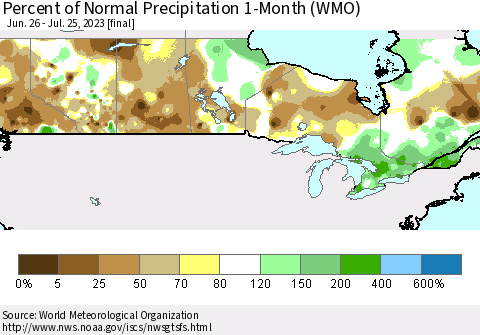 Canada Percent of Normal Precipitation 1-Month (WMO) Thematic Map For 6/26/2023 - 7/25/2023
