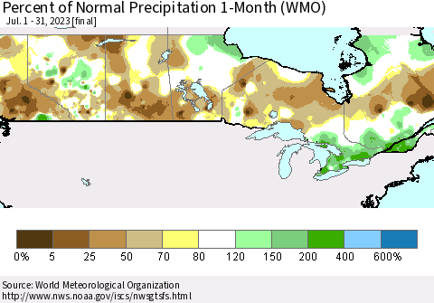 Canada Percent of Normal Precipitation 1-Month (WMO) Thematic Map For 7/1/2023 - 7/31/2023
