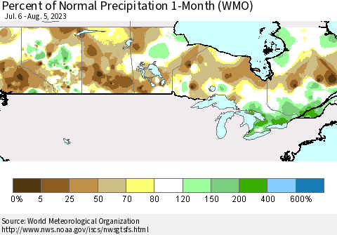 Canada Percent of Normal Precipitation 1-Month (WMO) Thematic Map For 7/6/2023 - 8/5/2023