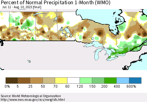 Canada Percent of Normal Precipitation 1-Month (WMO) Thematic Map For 7/11/2023 - 8/10/2023