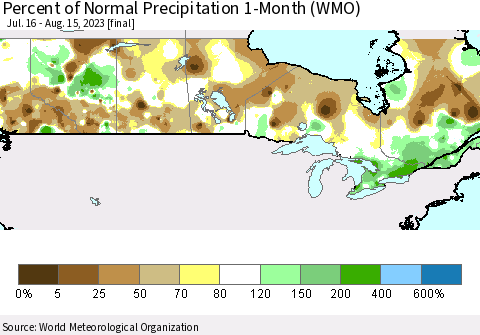 Canada Percent of Normal Precipitation 1-Month (WMO) Thematic Map For 7/16/2023 - 8/15/2023