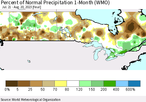 Canada Percent of Normal Precipitation 1-Month (WMO) Thematic Map For 7/21/2023 - 8/20/2023