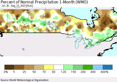 Canada Percent of Normal Precipitation 1-Month (WMO) Thematic Map For 7/26/2023 - 8/25/2023