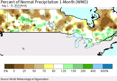 Canada Percent of Normal Precipitation 1-Month (WMO) Thematic Map For 8/1/2023 - 8/31/2023