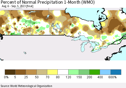 Canada Percent of Normal Precipitation 1-Month (WMO) Thematic Map For 8/6/2023 - 9/5/2023