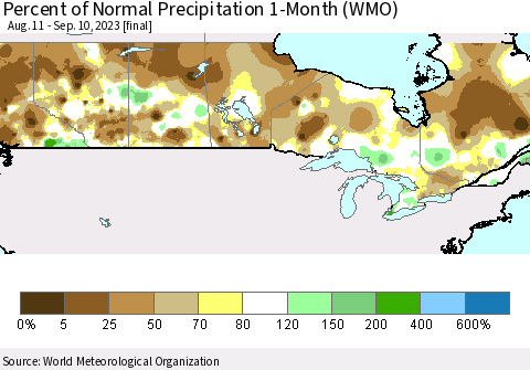 Canada Percent of Normal Precipitation 1-Month (WMO) Thematic Map For 8/11/2023 - 9/10/2023
