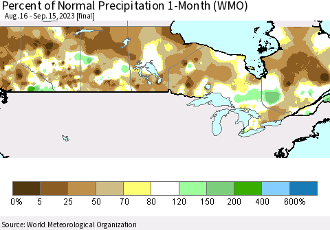 Canada Percent of Normal Precipitation 1-Month (WMO) Thematic Map For 8/16/2023 - 9/15/2023