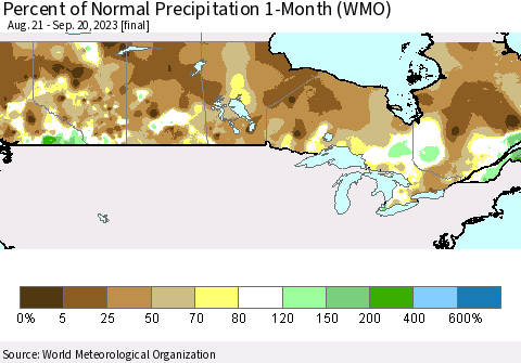 Canada Percent of Normal Precipitation 1-Month (WMO) Thematic Map For 8/21/2023 - 9/20/2023