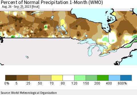 Canada Percent of Normal Precipitation 1-Month (WMO) Thematic Map For 8/26/2023 - 9/25/2023