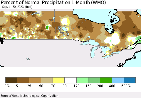 Canada Percent of Normal Precipitation 1-Month (WMO) Thematic Map For 9/1/2023 - 9/30/2023