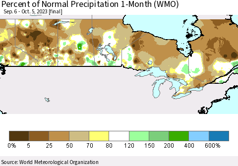 Canada Percent of Normal Precipitation 1-Month (WMO) Thematic Map For 9/6/2023 - 10/5/2023