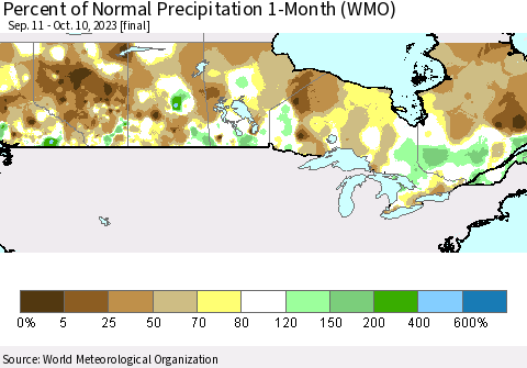 Canada Percent of Normal Precipitation 1-Month (WMO) Thematic Map For 9/11/2023 - 10/10/2023