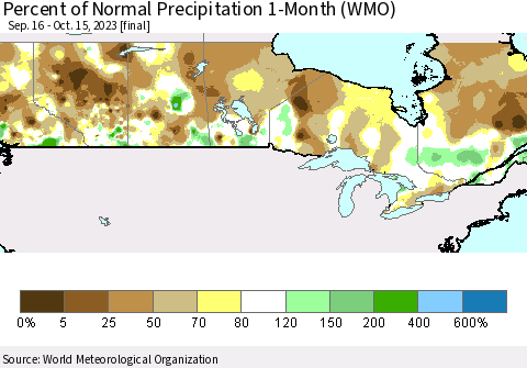 Canada Percent of Normal Precipitation 1-Month (WMO) Thematic Map For 9/16/2023 - 10/15/2023
