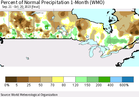 Canada Percent of Normal Precipitation 1-Month (WMO) Thematic Map For 9/21/2023 - 10/20/2023
