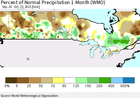 Canada Percent of Normal Precipitation 1-Month (WMO) Thematic Map For 9/26/2023 - 10/25/2023