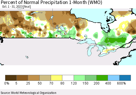 Canada Percent of Normal Precipitation 1-Month (WMO) Thematic Map For 10/1/2023 - 10/31/2023