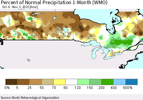 Canada Percent of Normal Precipitation 1-Month (WMO) Thematic Map For 10/6/2023 - 11/5/2023