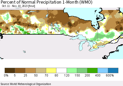 Canada Percent of Normal Precipitation 1-Month (WMO) Thematic Map For 10/11/2023 - 11/10/2023