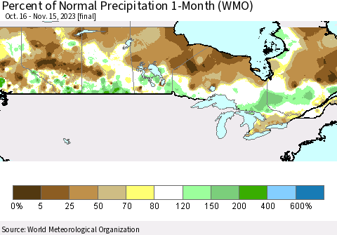Canada Percent of Normal Precipitation 1-Month (WMO) Thematic Map For 10/16/2023 - 11/15/2023