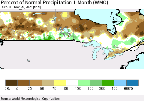 Canada Percent of Normal Precipitation 1-Month (WMO) Thematic Map For 10/21/2023 - 11/20/2023