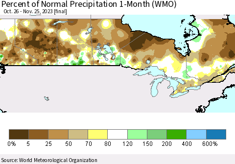 Canada Percent of Normal Precipitation 1-Month (WMO) Thematic Map For 10/26/2023 - 11/25/2023