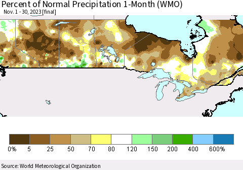 Canada Percent of Normal Precipitation 1-Month (WMO) Thematic Map For 11/1/2023 - 11/30/2023