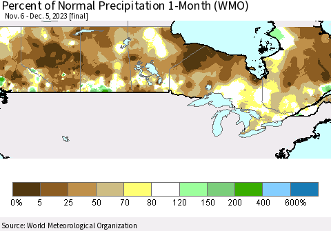 Canada Percent of Normal Precipitation 1-Month (WMO) Thematic Map For 11/6/2023 - 12/5/2023