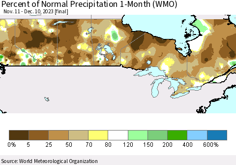 Canada Percent of Normal Precipitation 1-Month (WMO) Thematic Map For 11/11/2023 - 12/10/2023