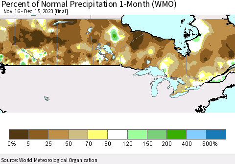 Canada Percent of Normal Precipitation 1-Month (WMO) Thematic Map For 11/16/2023 - 12/15/2023