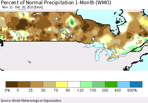 Canada Percent of Normal Precipitation 1-Month (WMO) Thematic Map For 11/21/2023 - 12/20/2023