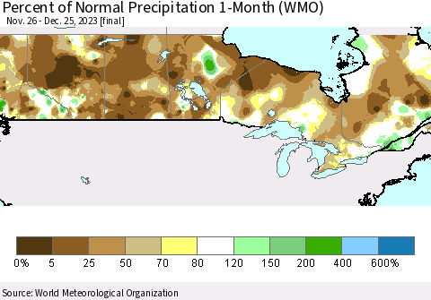 Canada Percent of Normal Precipitation 1-Month (WMO) Thematic Map For 11/26/2023 - 12/25/2023