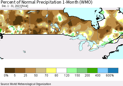 Canada Percent of Normal Precipitation 1-Month (WMO) Thematic Map For 12/1/2023 - 12/31/2023