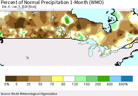 Canada Percent of Normal Precipitation 1-Month (WMO) Thematic Map For 12/6/2023 - 1/5/2024