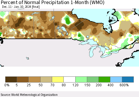 Canada Percent of Normal Precipitation 1-Month (WMO) Thematic Map For 12/11/2023 - 1/10/2024