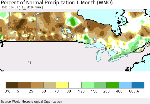 Canada Percent of Normal Precipitation 1-Month (WMO) Thematic Map For 12/16/2023 - 1/15/2024