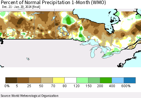 Canada Percent of Normal Precipitation 1-Month (WMO) Thematic Map For 12/21/2023 - 1/20/2024
