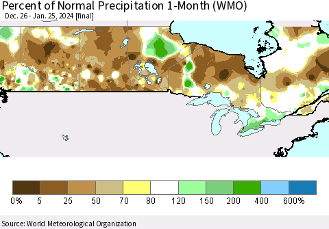 Canada Percent of Normal Precipitation 1-Month (WMO) Thematic Map For 12/26/2023 - 1/25/2024