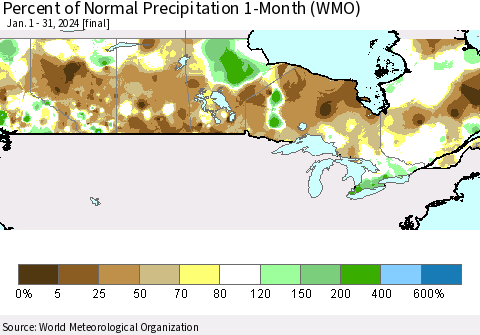Canada Percent of Normal Precipitation 1-Month (WMO) Thematic Map For 1/1/2024 - 1/31/2024