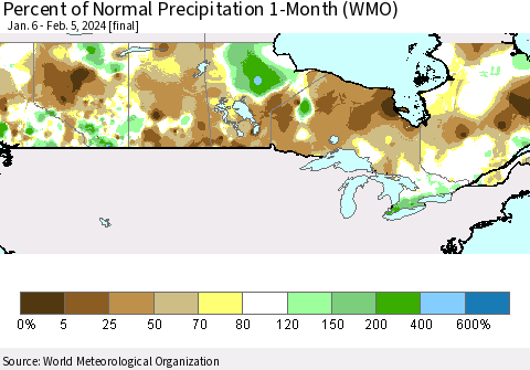 Canada Percent of Normal Precipitation 1-Month (WMO) Thematic Map For 1/6/2024 - 2/5/2024