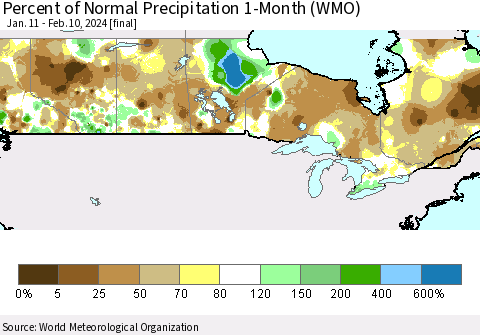 Canada Percent of Normal Precipitation 1-Month (WMO) Thematic Map For 1/11/2024 - 2/10/2024