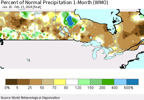 Canada Percent of Normal Precipitation 1-Month (WMO) Thematic Map For 1/16/2024 - 2/15/2024