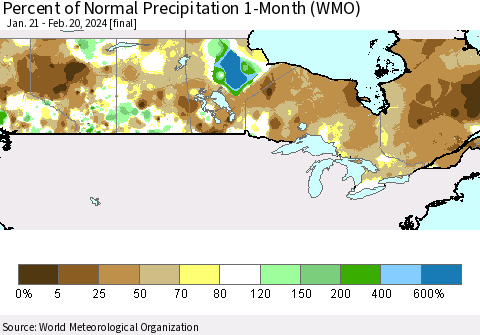 Canada Percent of Normal Precipitation 1-Month (WMO) Thematic Map For 1/21/2024 - 2/20/2024